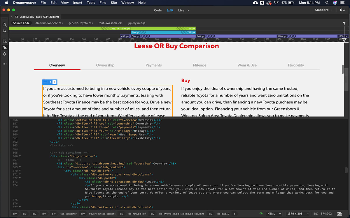 Screenshot of landing page being coded in Adobe Dreamweaver